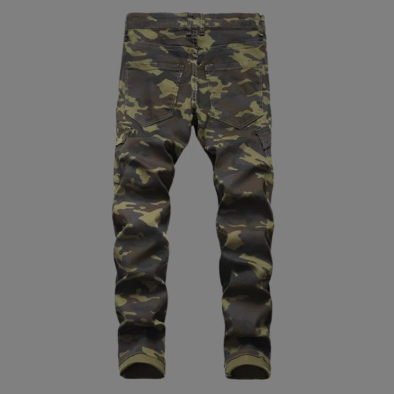 "Straight Army Green" Men's Slim Camouflage Jeans, Cargo Denim Pants