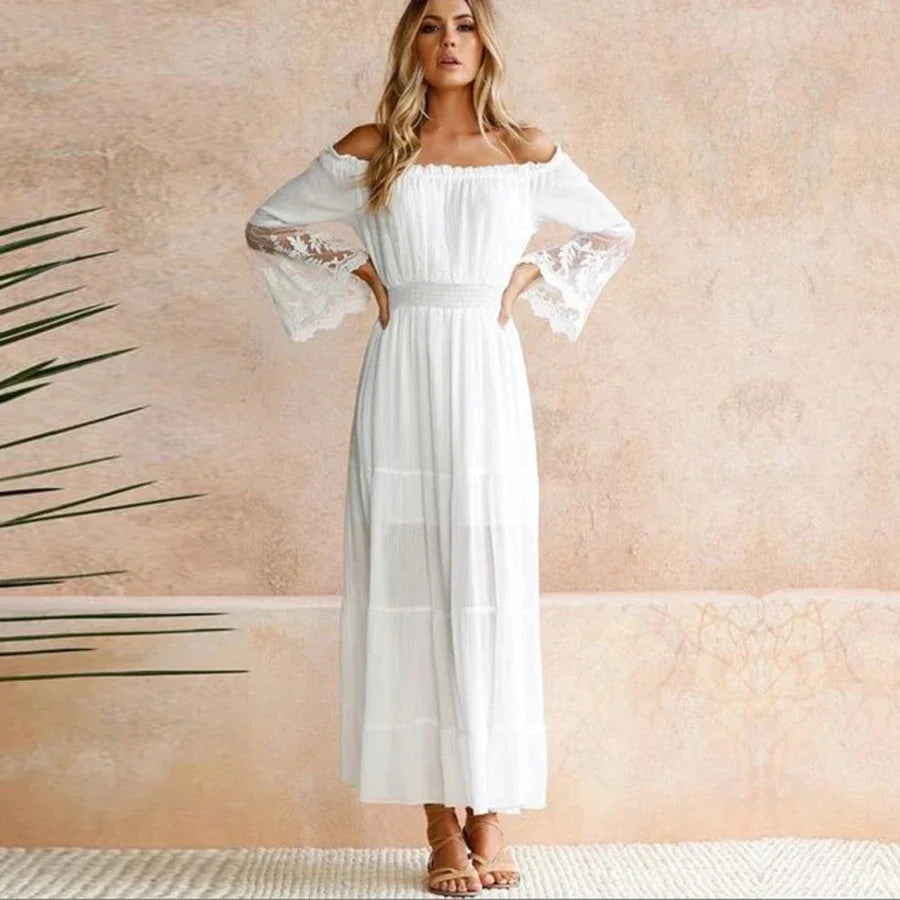 Women's Off the Shoulder Boho Dress - (White)