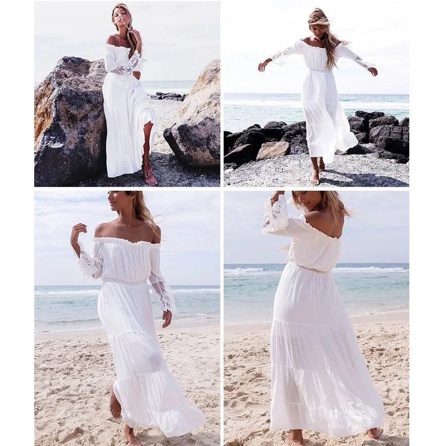 Women's Off the Shoulder Boho Dress - (White)