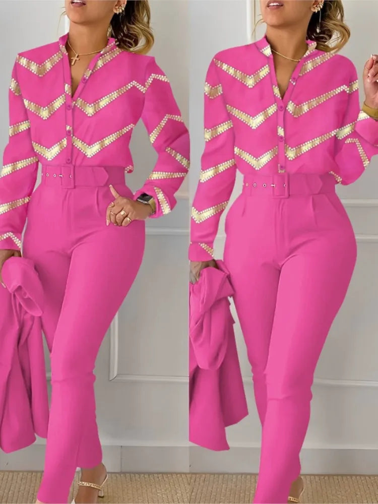 Women's Elegant Long Sleeve & High Waist Pants Suit