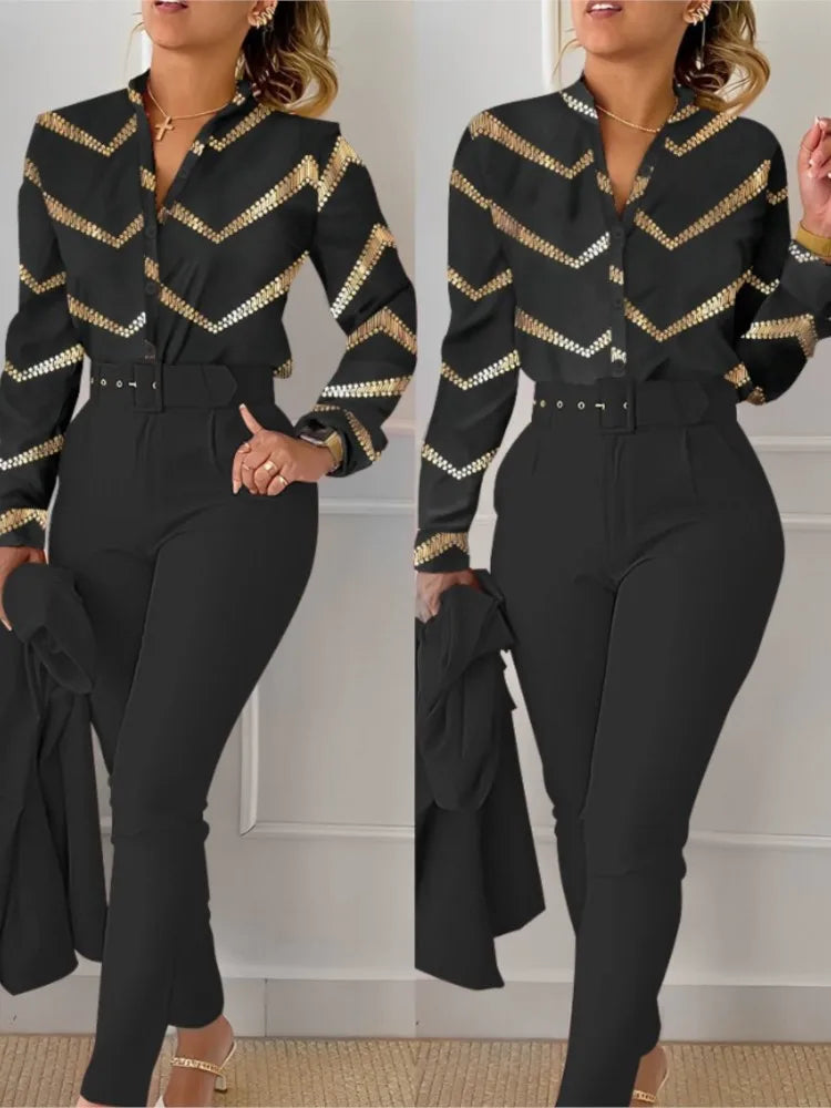 Women's Elegant Long Sleeve & High Waist Pants Suit