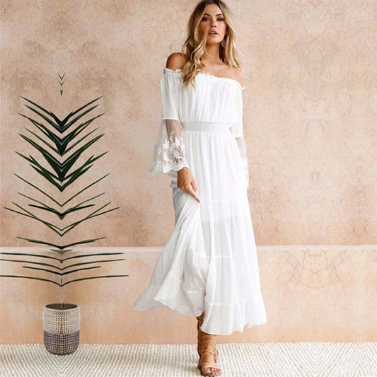 Women's Off the Shoulder Boho Dress - (White)