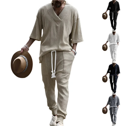 Men's Jacquard Knitwear Set, V-Neck Top and Pants