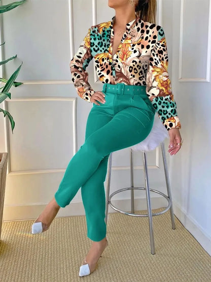 Women's Elegant Long Sleeve & High Waist Pants Suit