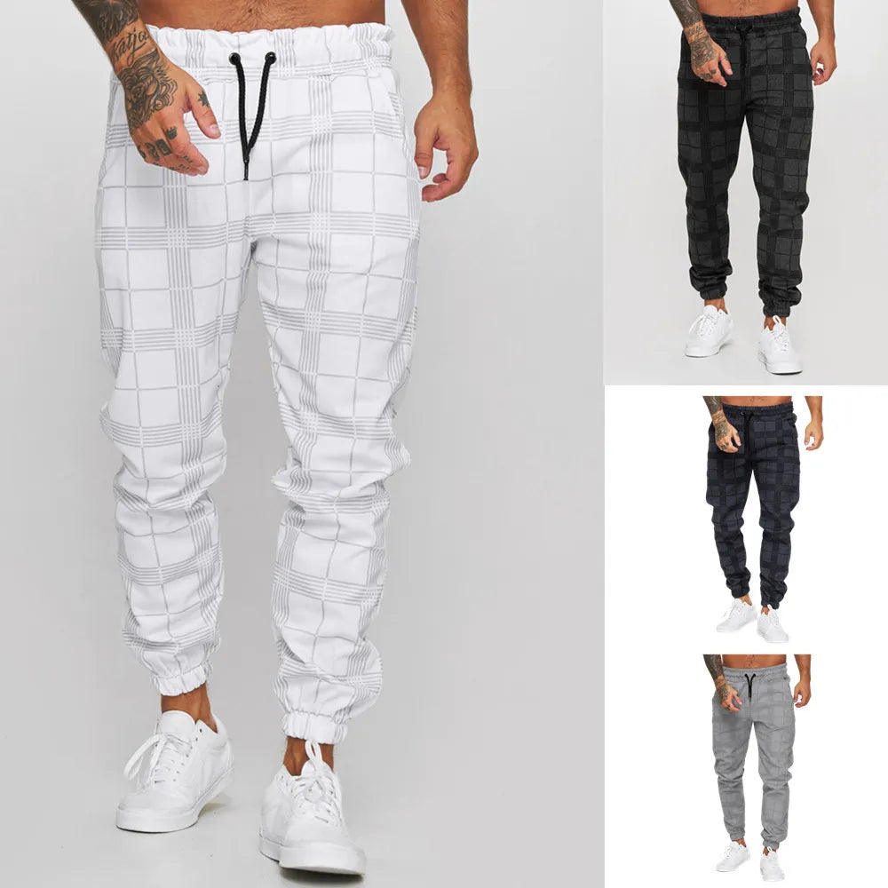 Men's Mid-Waist Slim Fit Sweatpants - Plaid Checkered Side Stripe