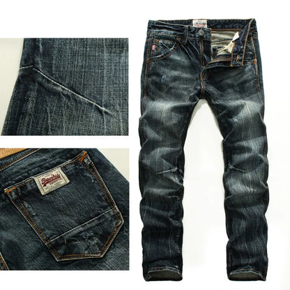 Men's Retro Green/Blue Slim-Fit, Ripped Denim Jeans