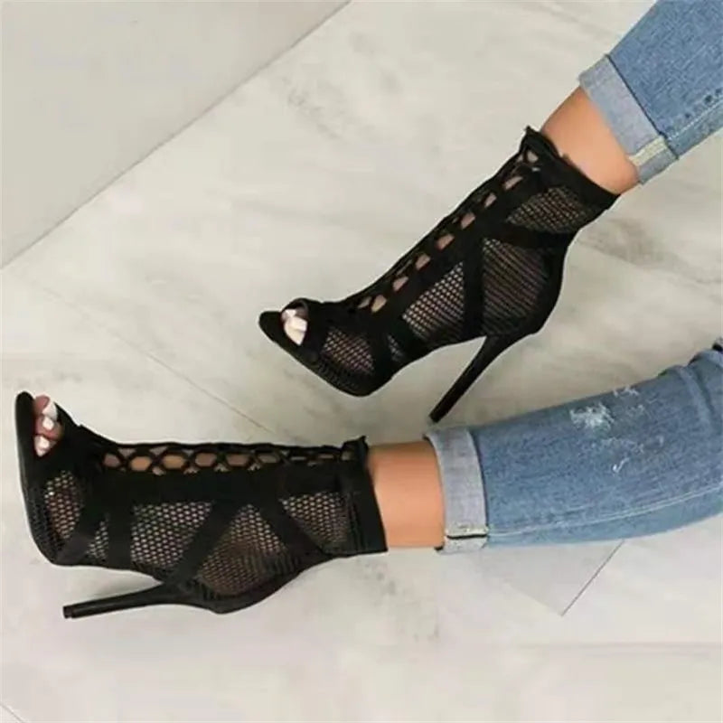 Woman's Black Mesh Fabric, Lace-up, Peep Toe Pumps