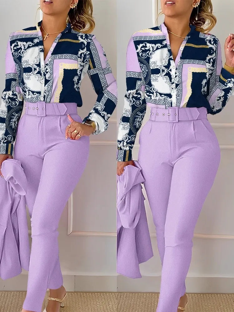 Women's Elegant Long Sleeve & High Waist Pants Suit