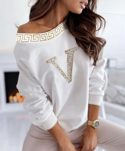 Women's Oblique Collar, Rhinestone Letter Long Sleeve Casual Top