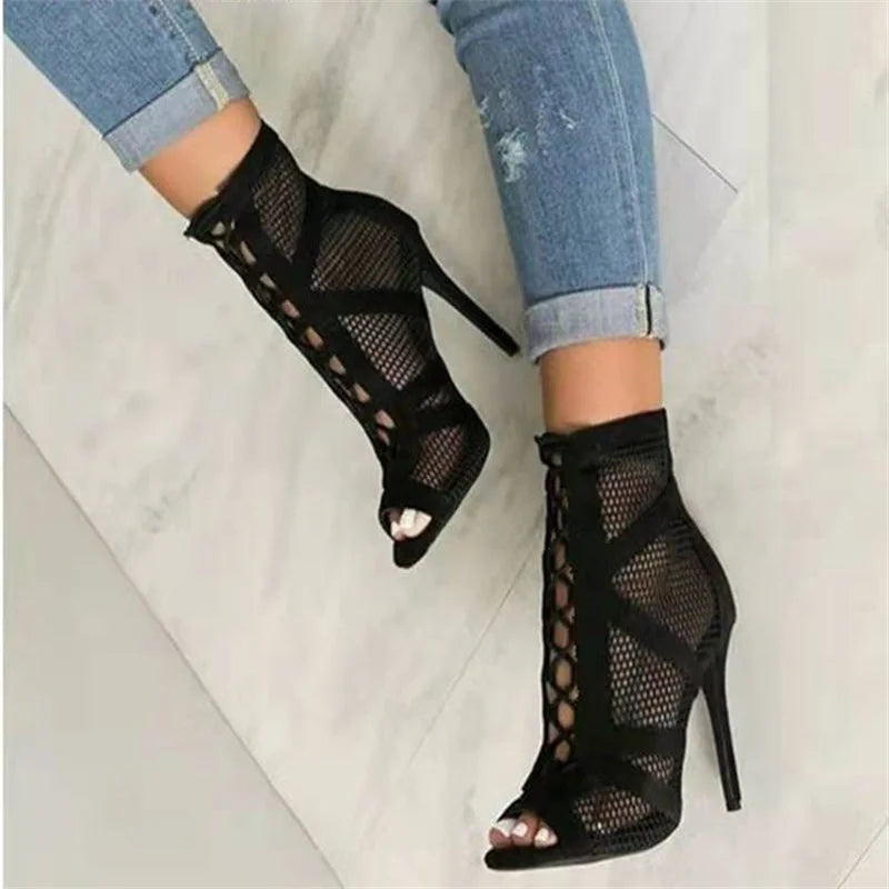 Woman's Black Mesh Fabric, Lace-up, Peep Toe Pumps