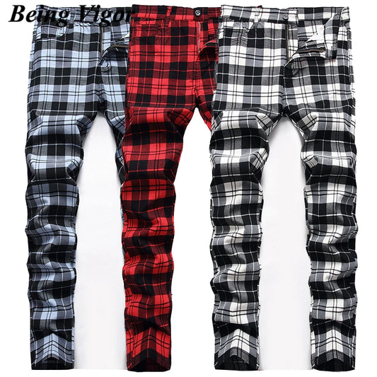 Men's Skinny Chino Pants, Straight Plaid - Slim Fit