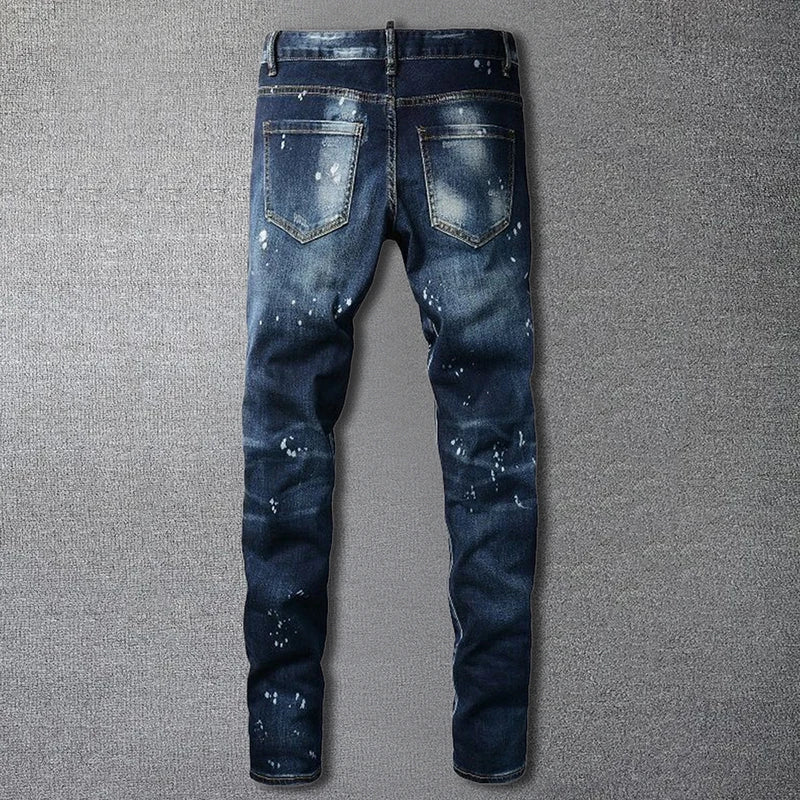 Men's Ink Splash Patchwork Ripped Stretchy Jeans