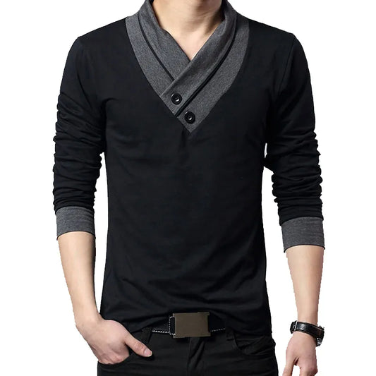 NEW ARRIVAL, Men's Slim Fit Long Sleeve T-Shirt, Patchwork Collar Tee V-Neck