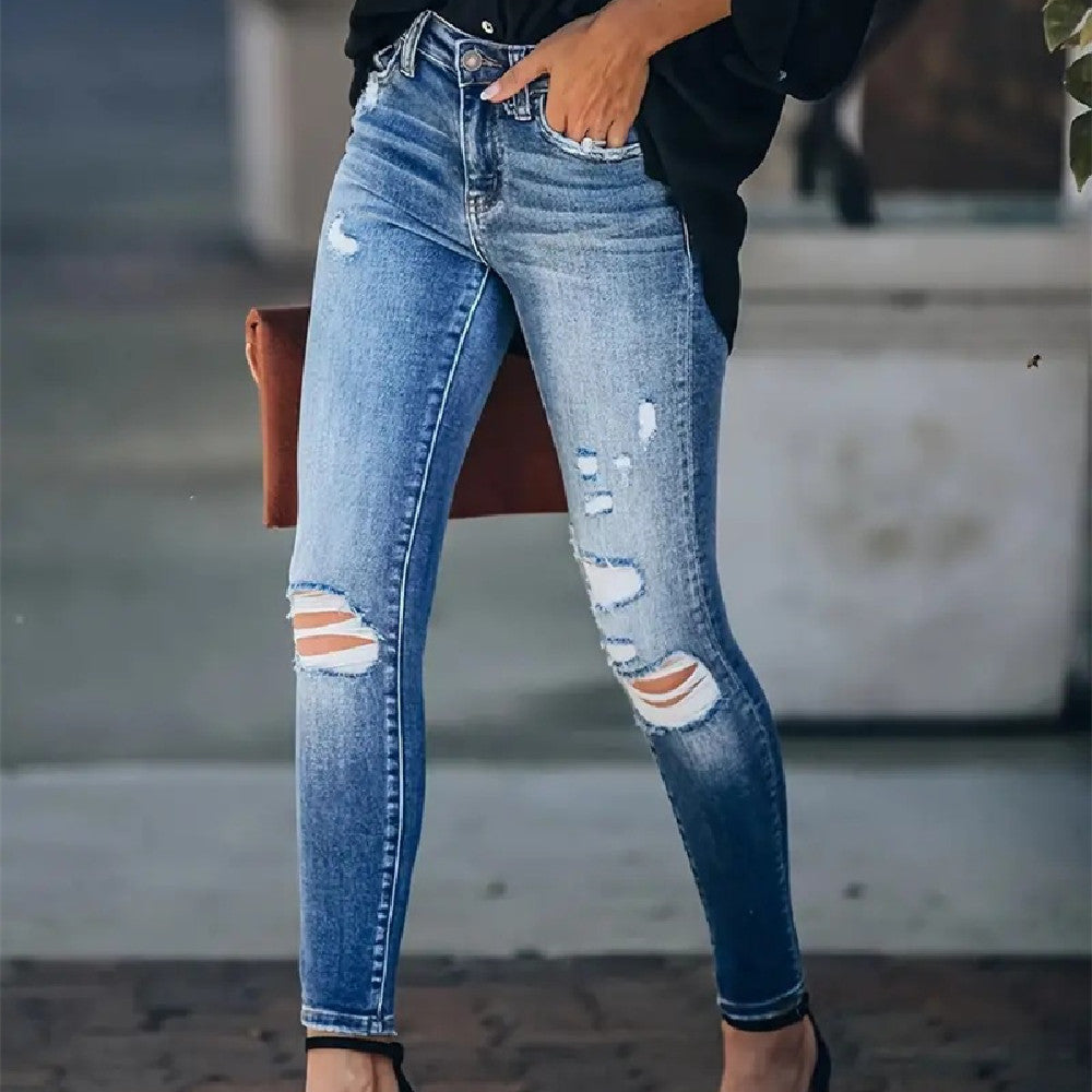 Women's Retro Washed, High-Waist, Ripped Skinny Jeans -Stretch