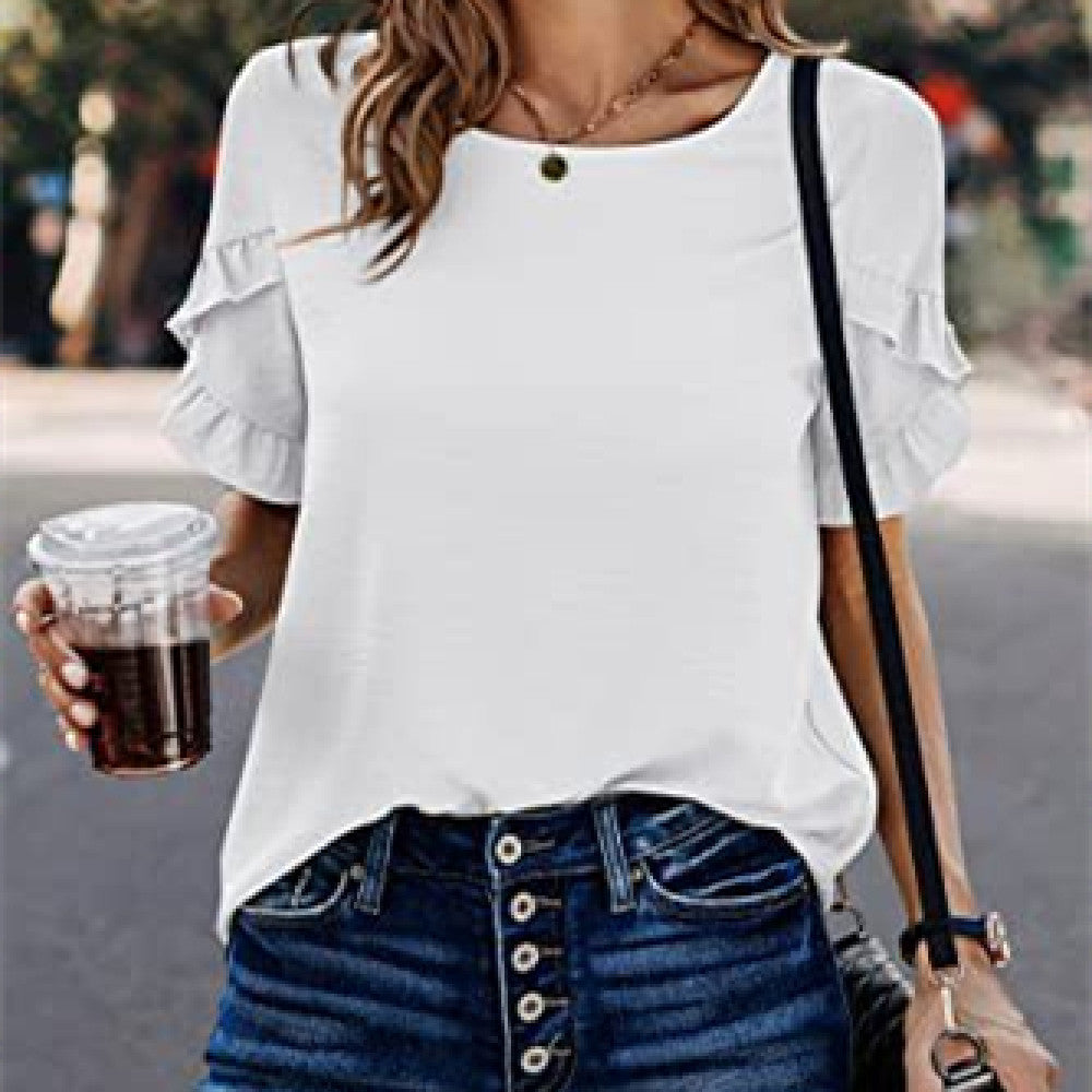 Casual Short Sleeve Loose Top - Solid Color Round Neck