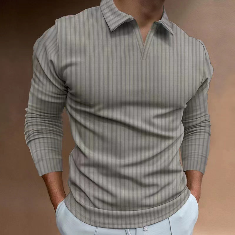 Men's V-neck Striped Long Sleeved Polo Shirt