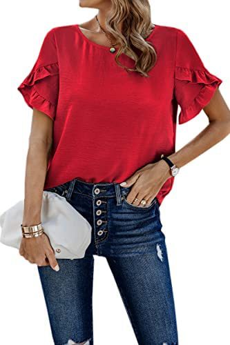 Casual Short Sleeve Loose Top - Solid Color Round Neck