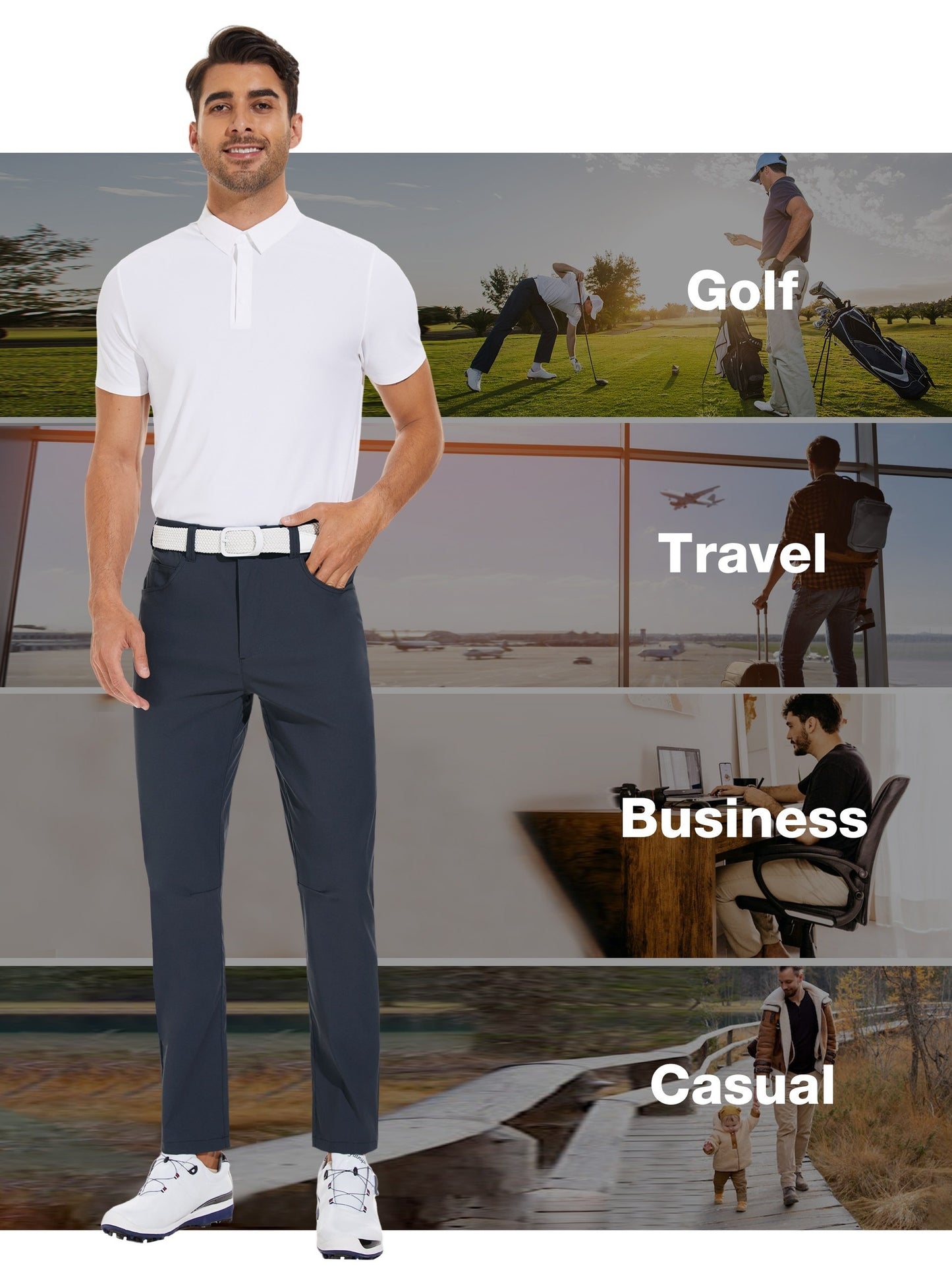 Men's Casual Golf Pants - Long, Regular Fit, Breathable