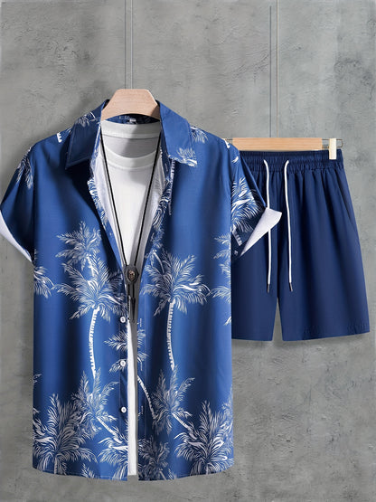 Men's Coconut Tree Print Outfit - Button Up Short Sleeve Shirt & Drawstring Shorts Set