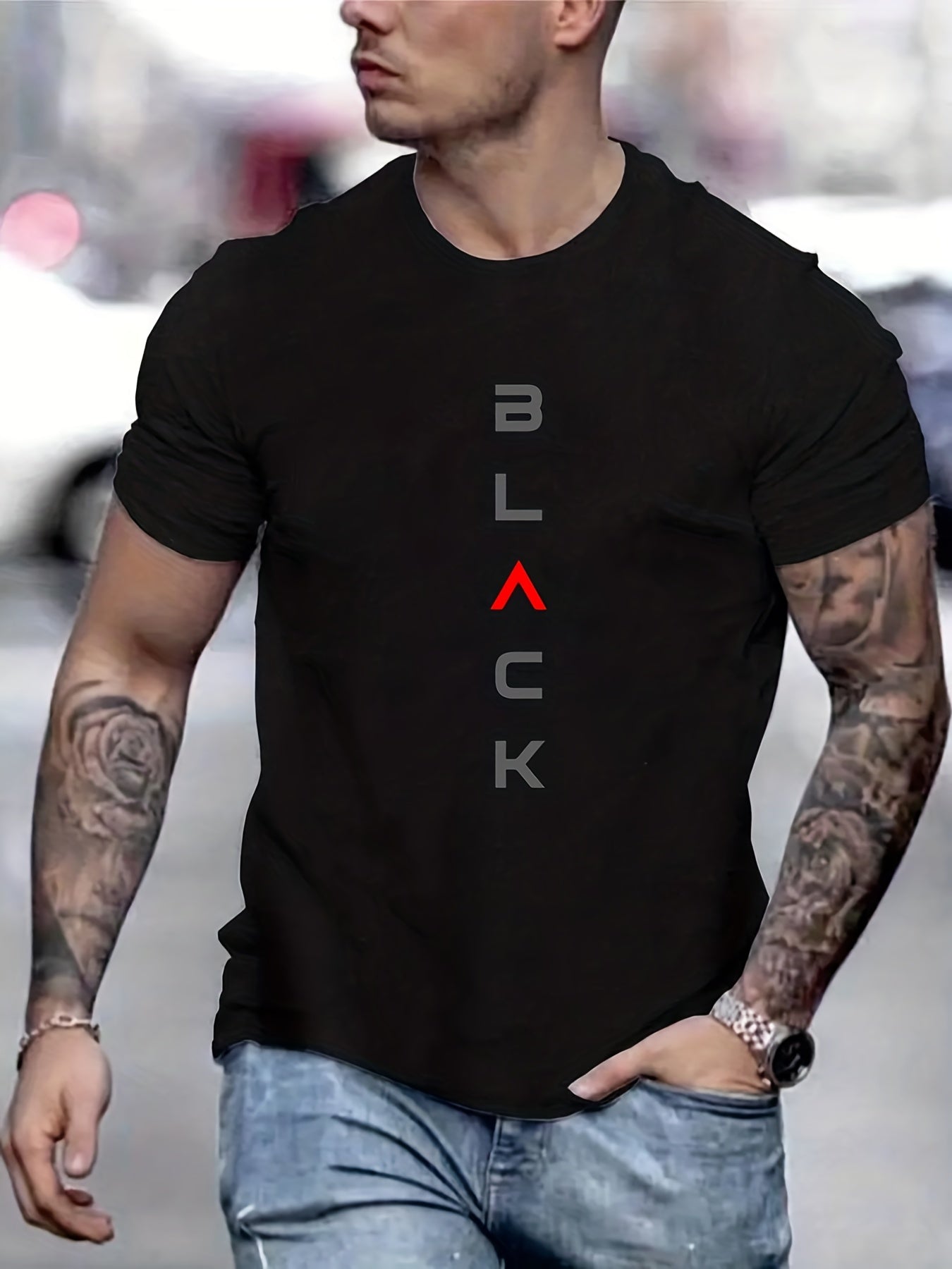 'Black' Print Tee, Men's Casual Short Sleeve