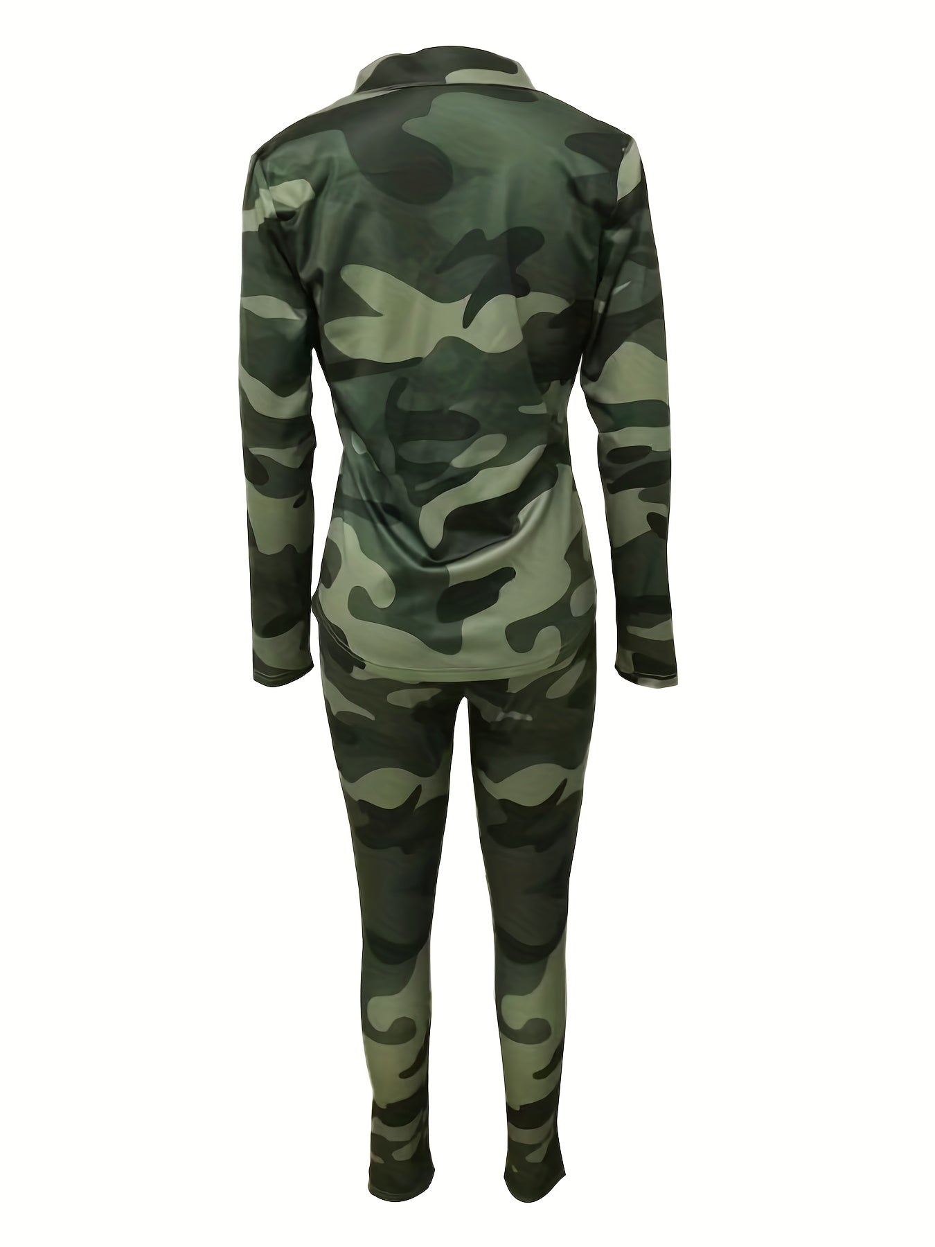 Camo Print Casual Two-piece Set, Button Front Long Sleeve Top & Slim Pants