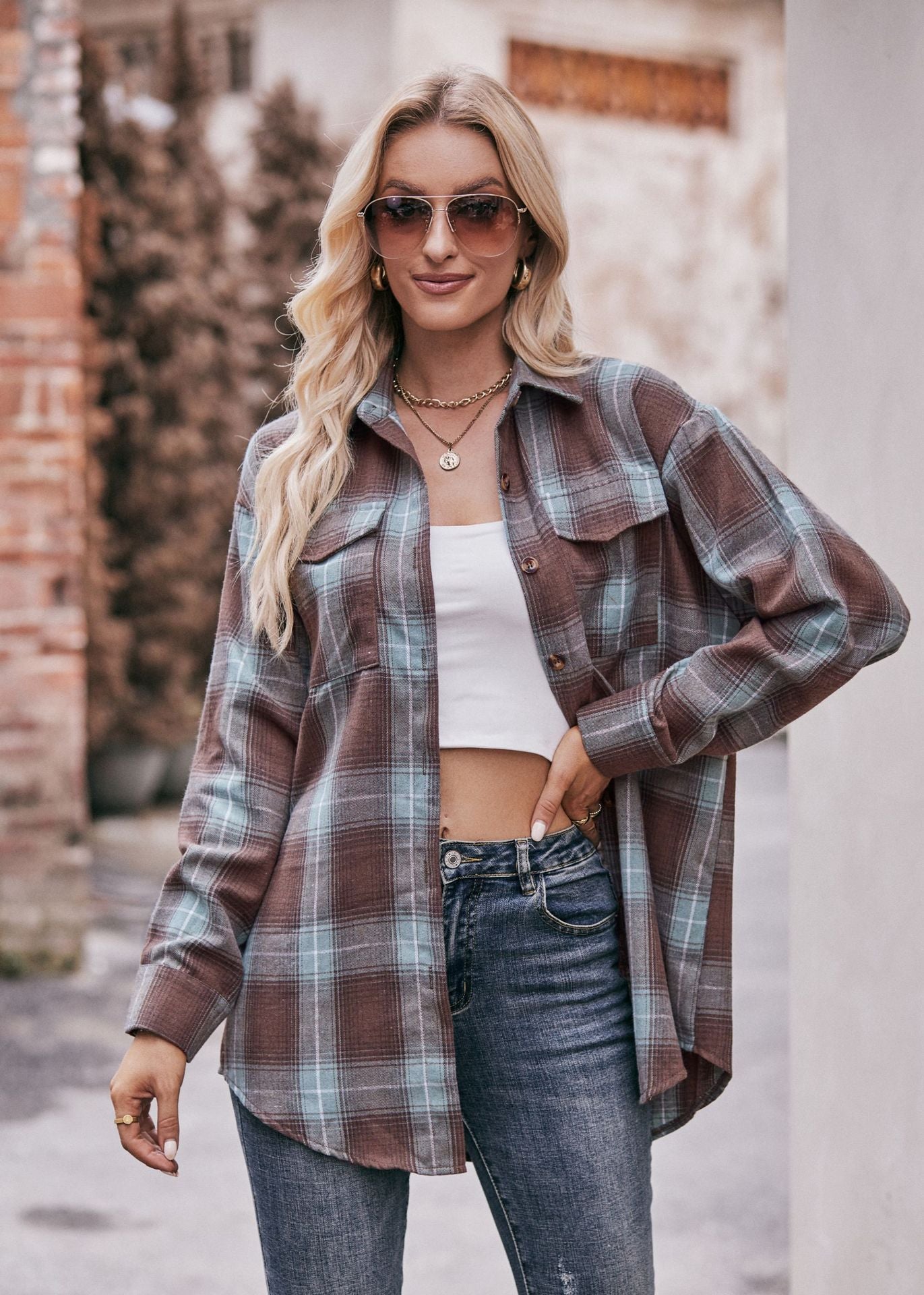 Women's Casual Fashion Loose Plaid Button-Down, Flannel