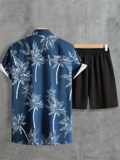 Men's Coconut Tree Print Outfit - Button Up Short Sleeve Shirt & Drawstring Shorts Set