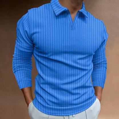 Men's V-neck Striped Long Sleeved Polo Shirt