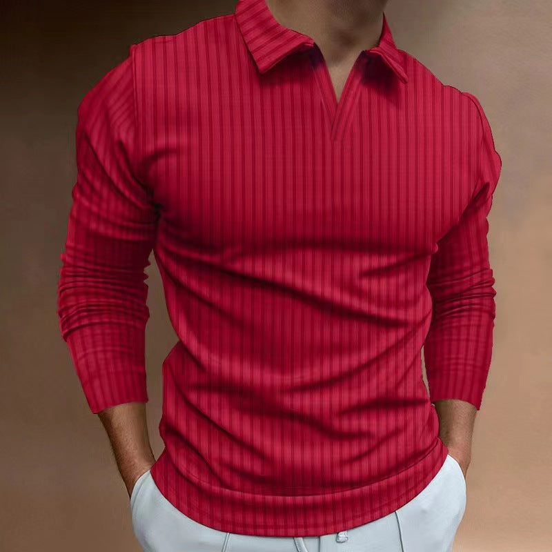 Men's V-neck Striped Long Sleeved Polo Shirt