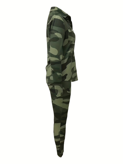 Camo Print Casual Two-piece Set, Button Front Long Sleeve Top & Slim Pants