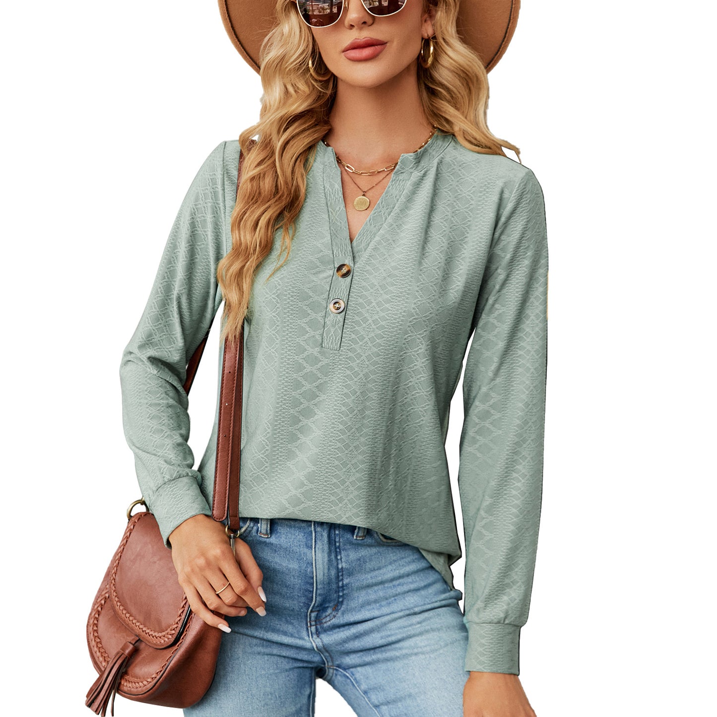 Women's Solid Color, V-neck Button Jacquard Top