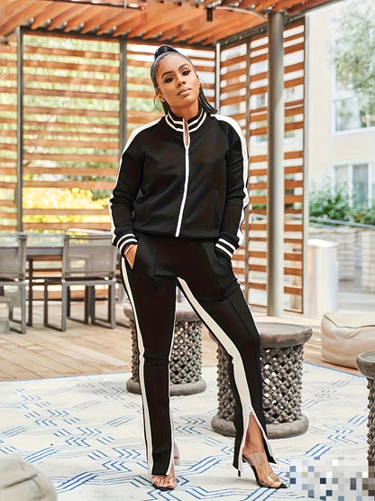 "Sporty Set" Long Sleeve Crew Neck Jacket & Versatile Pants Sports Suit