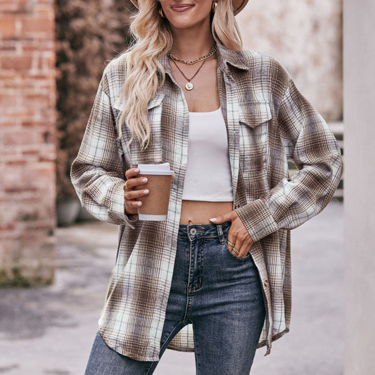 Women's Casual Fashion Loose Plaid Button-Down, Flannel