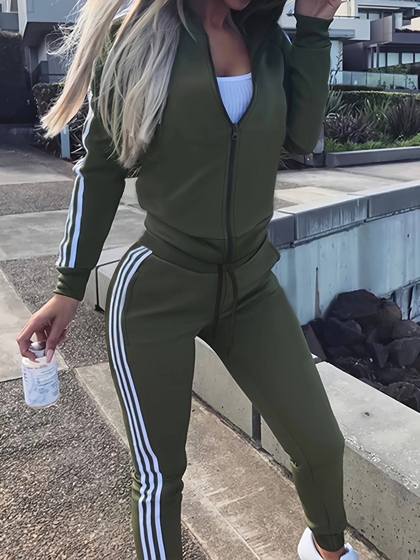 Women's Color Block Two-piece Tracksuit, Casual Zip Up Hoodie & Drawstring Pants