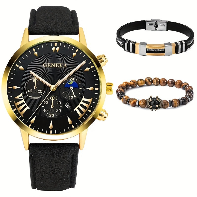 Men's Casual Simulated Watch and Classic Bracelet Set