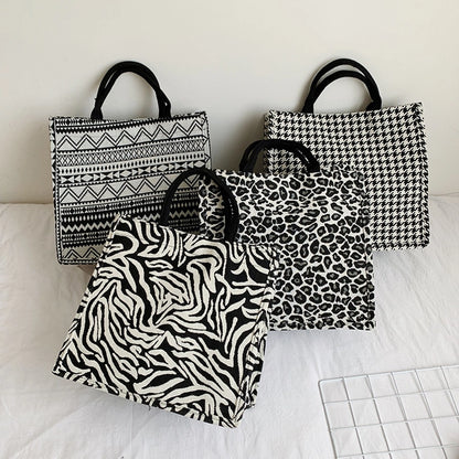 Women's medium canvas houndstooth zebra leopard streetwear square zipper handbag