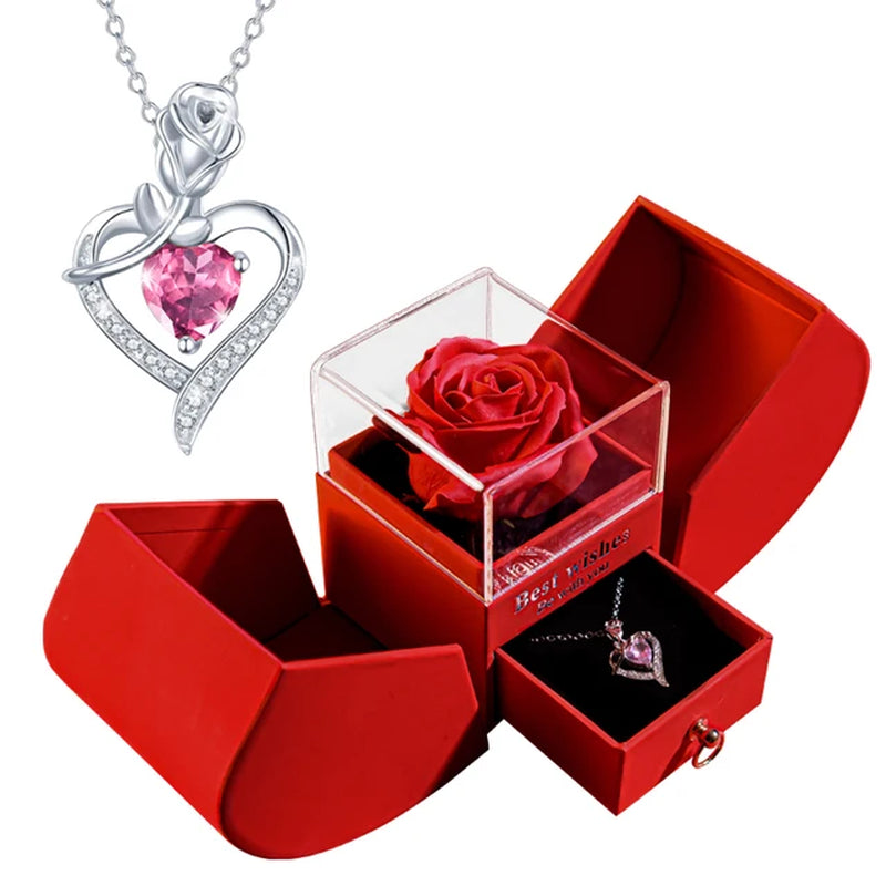 Forever Soap Rose Apple Gift Box /W Crystal Pendant Necklace Eternal Flower Jewelry Box Set Wedding Birthday Gift for Girlfriend