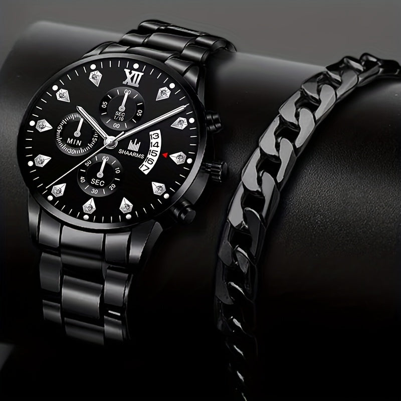 Men's Fashion Quartz Watch & Stainless-Steel Bracelet Set