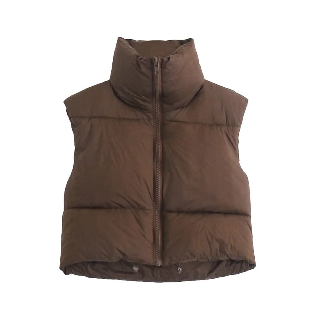 Women's Stand Collar Crop Puffer Vest - Lightweight (Gilet Brown)