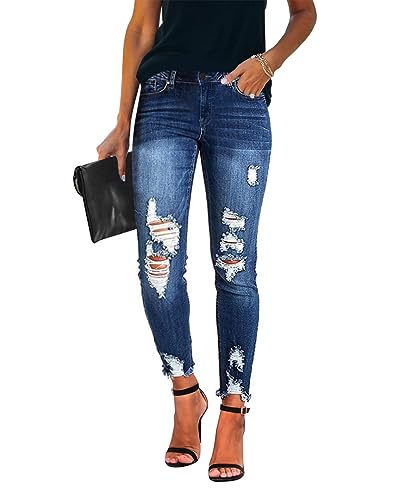 Women's Mid-Waist Skinny Distressed Jeans - Slim Fit, Stretchy