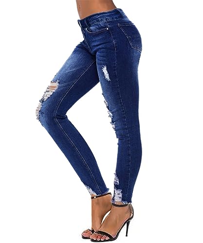 Women's Mid-Waist Skinny Distressed Jeans - Slim Fit, Stretchy