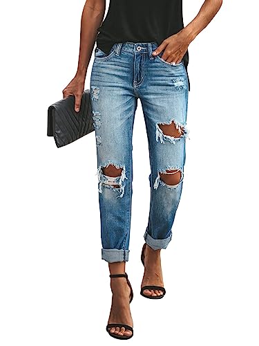 Women's Distressed Boyfriend Jeans - Mid Rise, Loose Fit, Stretchy Denim