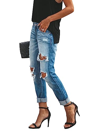 Women's Distressed Boyfriend Jeans - Mid Rise, Loose Fit, Stretchy Denim