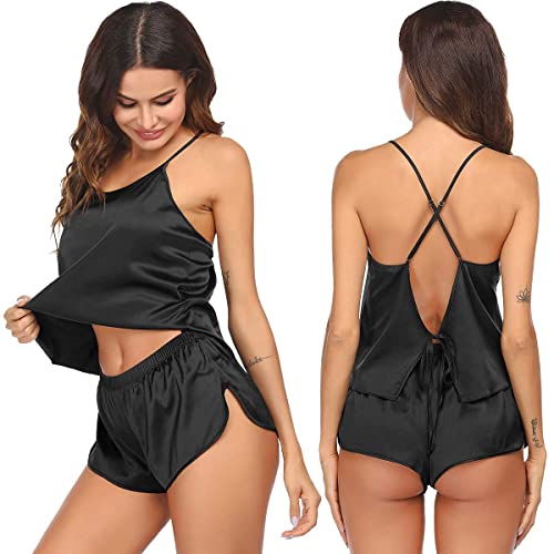 Women's Silk Camisole Nightwear Lingerie Set - Cami Top and Shorts (Black)