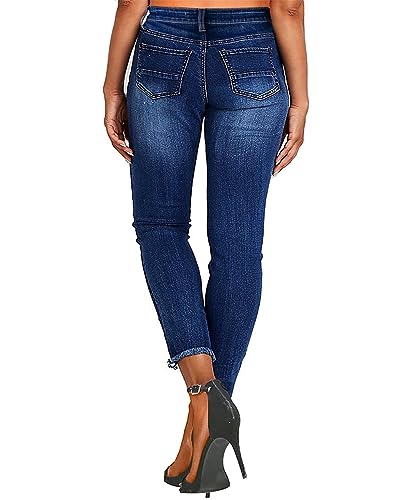 Women's Mid-Waist Skinny Distressed Jeans - Slim Fit, Stretchy