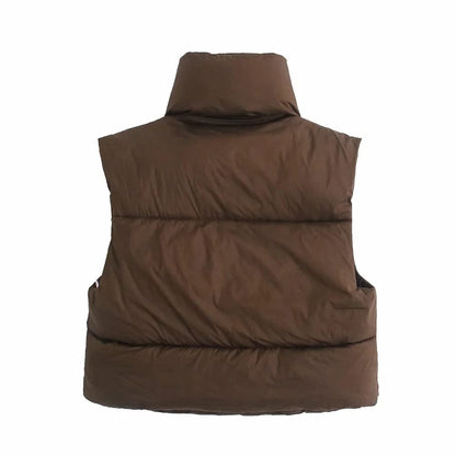 Women's Stand Collar Crop Puffer Vest - Lightweight (Gilet Brown)