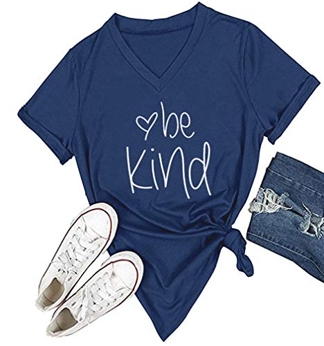 "BE KIND" Women's Casual V-Neck Graphic Tee - Blue