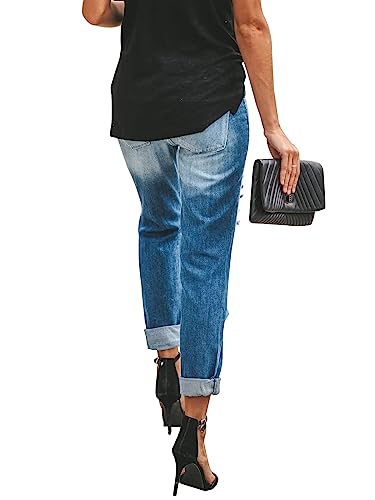 Women's Distressed Boyfriend Jeans - Mid Rise, Loose Fit, Stretchy Denim