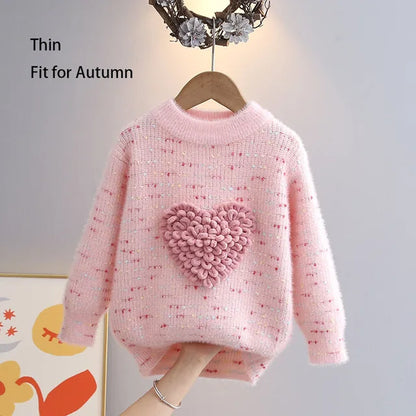 Children Autumn Winter Knitwear Love Heart O-Neck Pullovers Loose Colorful Spot Sweater Top New Girl Long Sleeve Clothes GY10291