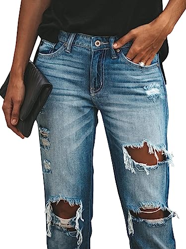 Women's Distressed Boyfriend Jeans - Mid Rise, Loose Fit, Stretchy Denim